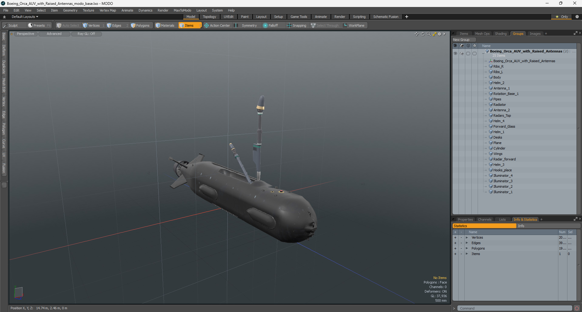 3D Boeing Orca AUV with Raised Antennas