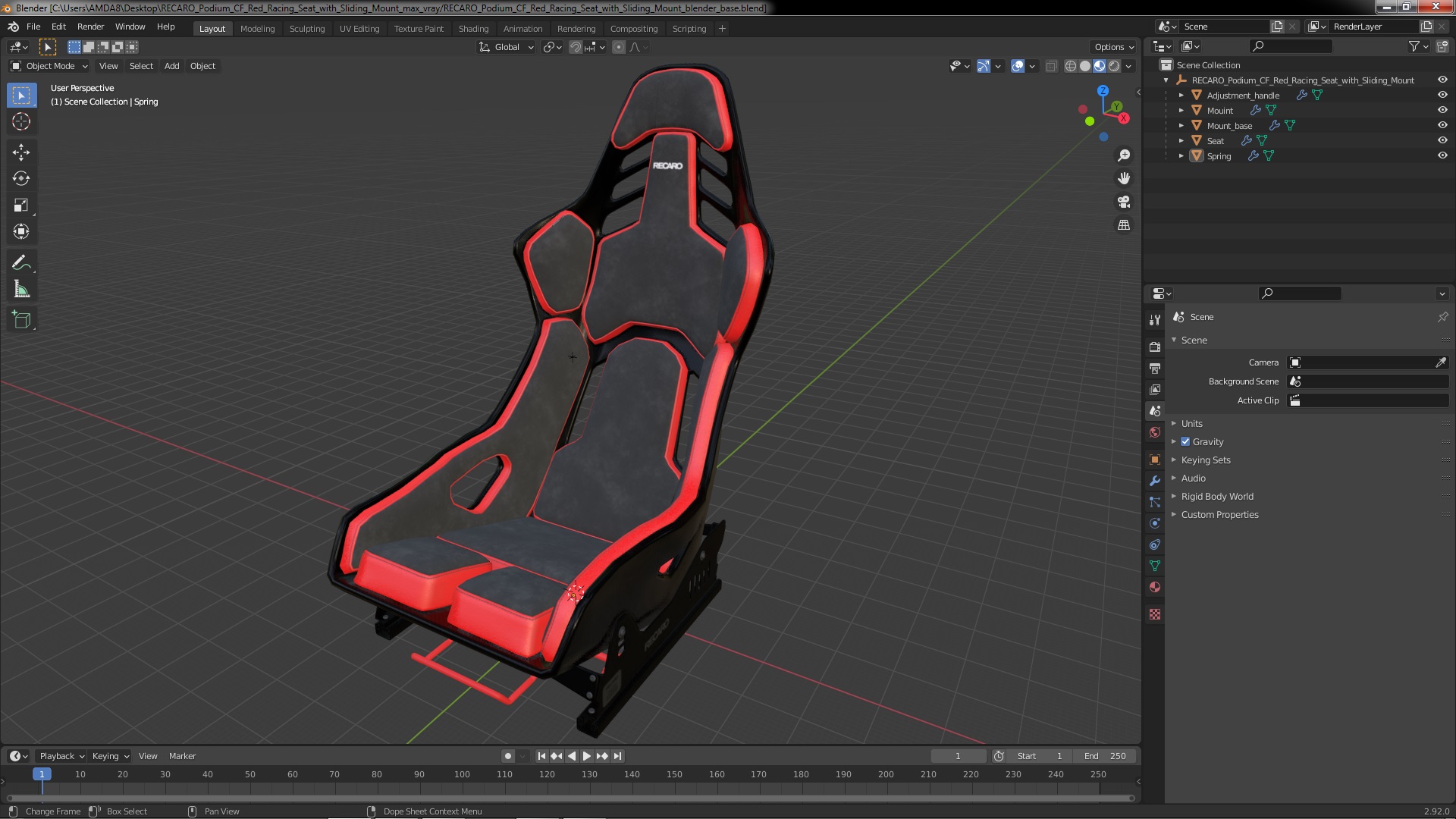 3D RECARO Podium CF Red Racing Seat with Sliding Mount