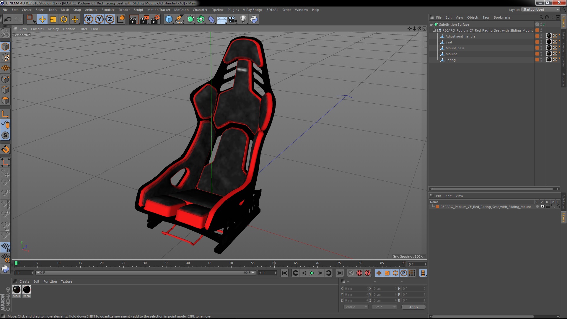 3D RECARO Podium CF Red Racing Seat with Sliding Mount