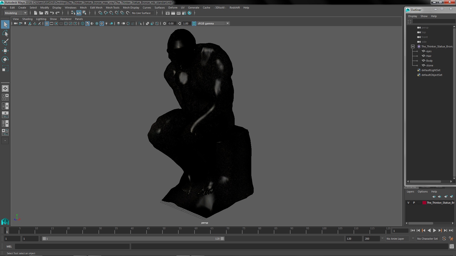 3D model The Thinker Statue Bronze