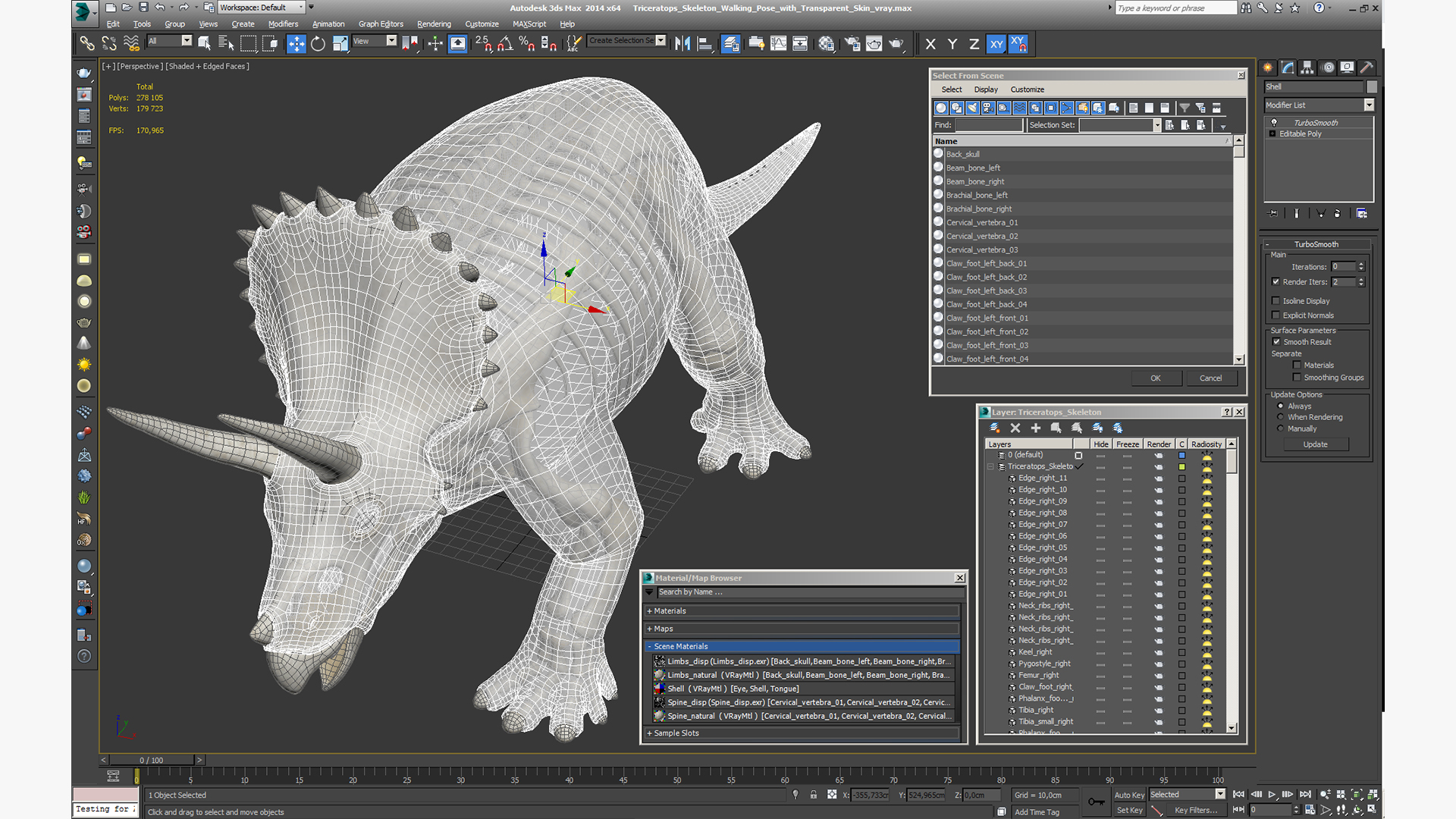3D model Triceratops Skeleton Walking Pose with Transparent Skin
