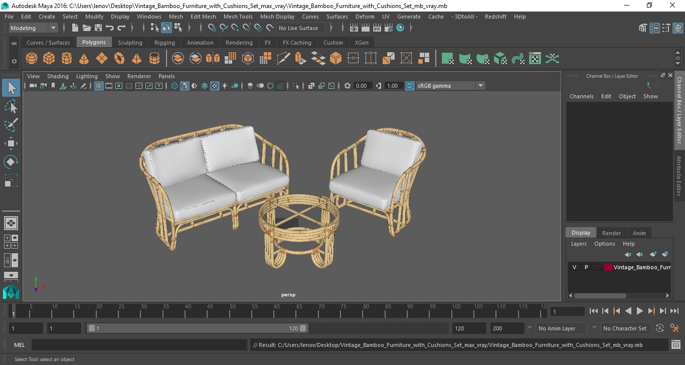 Vintage Bamboo Furniture with Cushions Set 3D