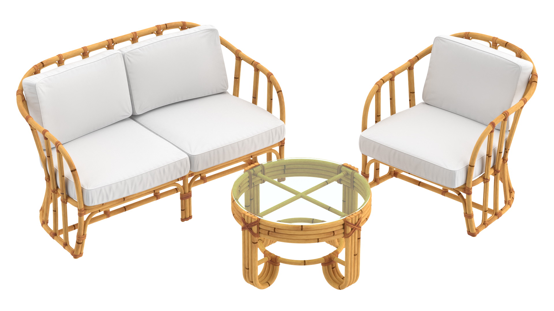 Vintage Bamboo Furniture with Cushions Set 3D