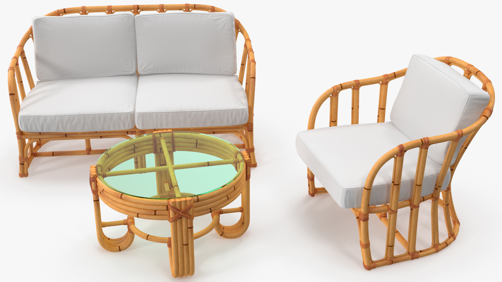 Vintage Bamboo Furniture with Cushions Set 3D
