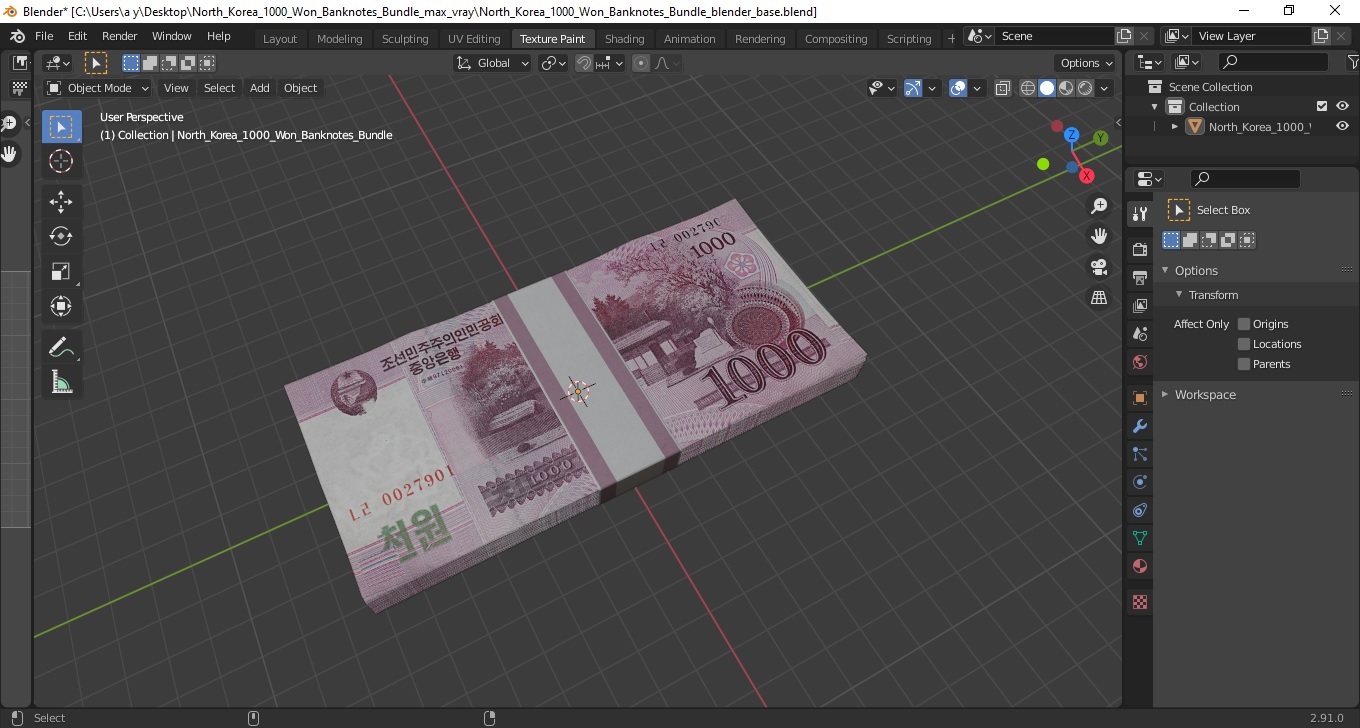 North Korea 1000 Won Banknotes Bundle 3D