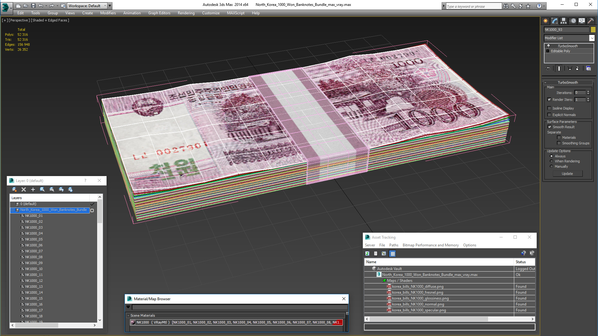 North Korea 1000 Won Banknotes Bundle 3D