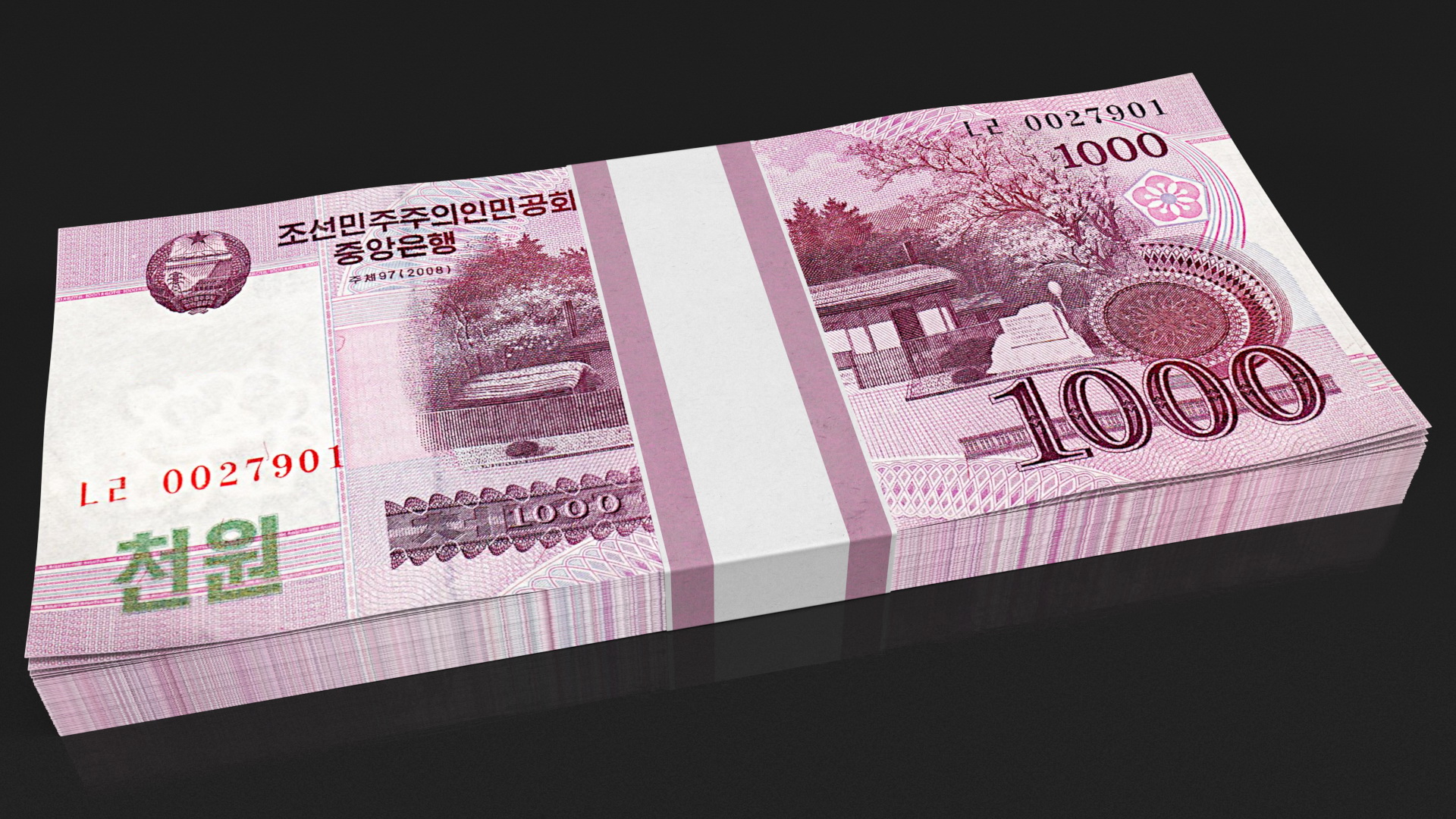North Korea 1000 Won Banknotes Bundle 3D