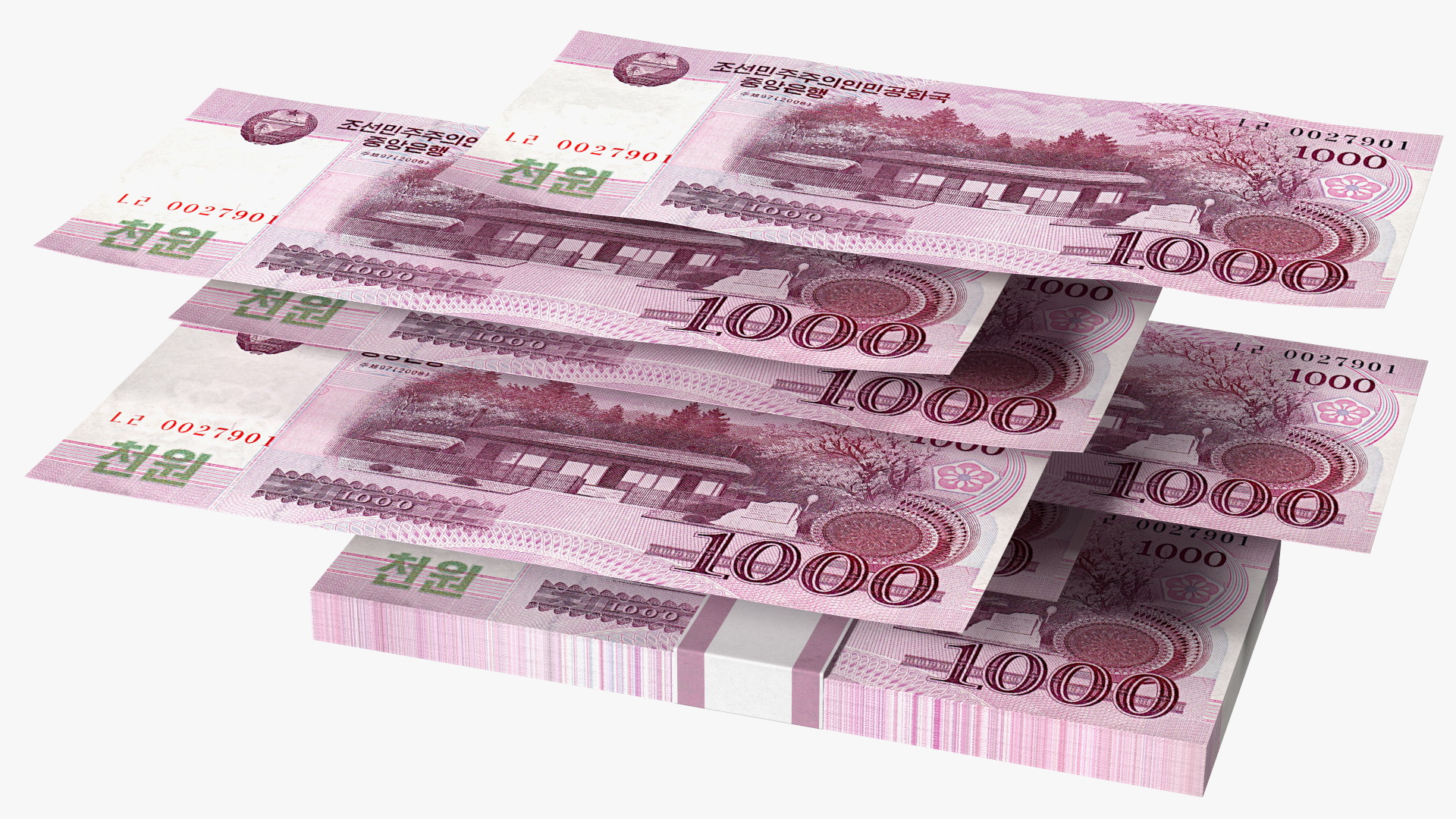 North Korea 1000 Won Banknotes Bundle 3D