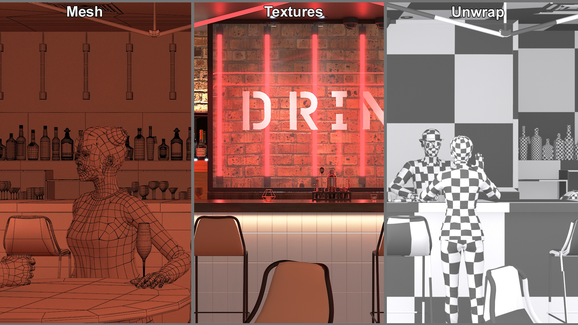Modern Bar with Customers Fur 3D model