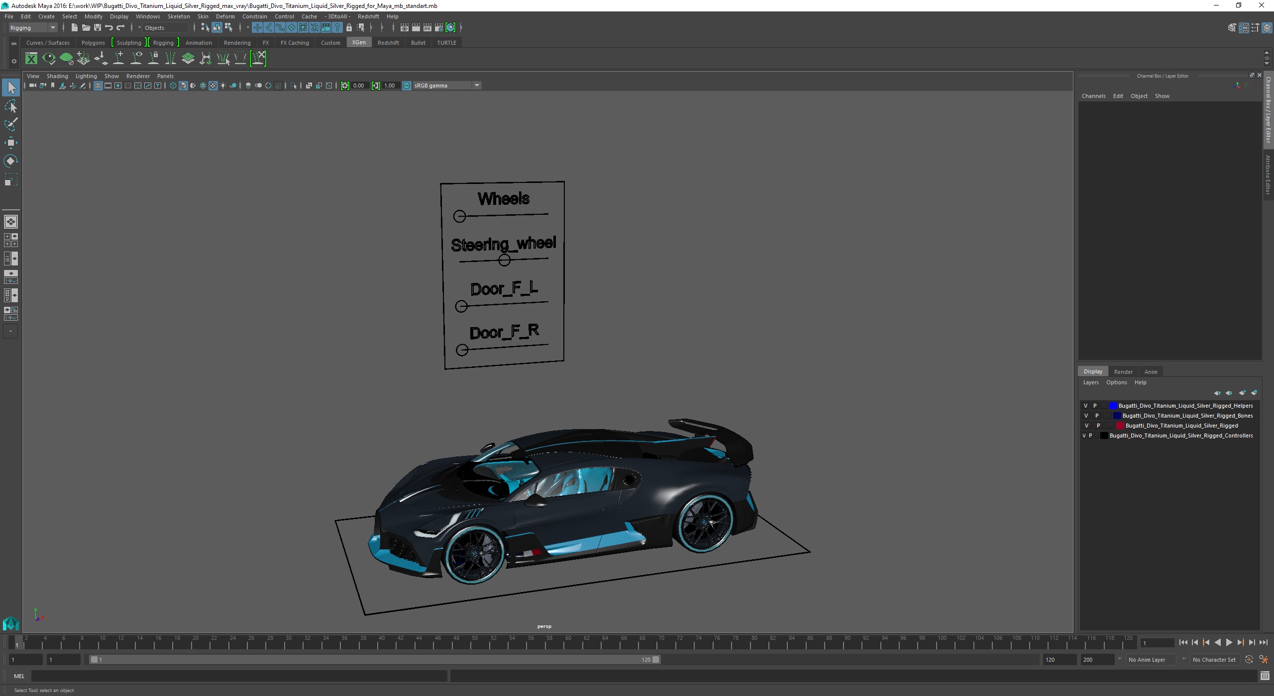 3D Bugatti Divo Titanium Liquid Silver Rigged for Maya