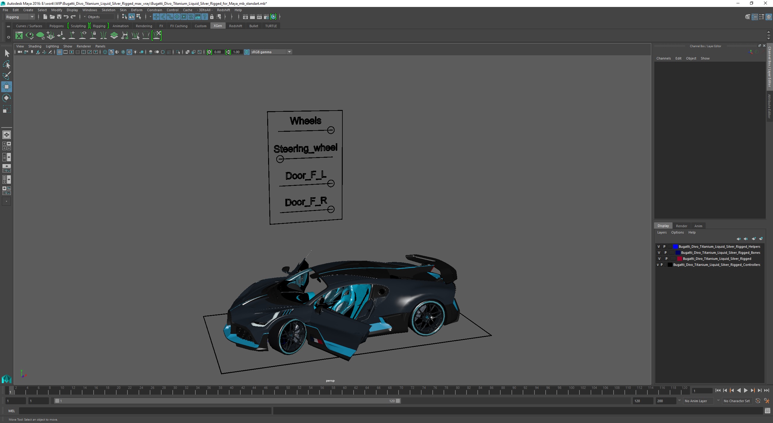 3D Bugatti Divo Titanium Liquid Silver Rigged for Maya