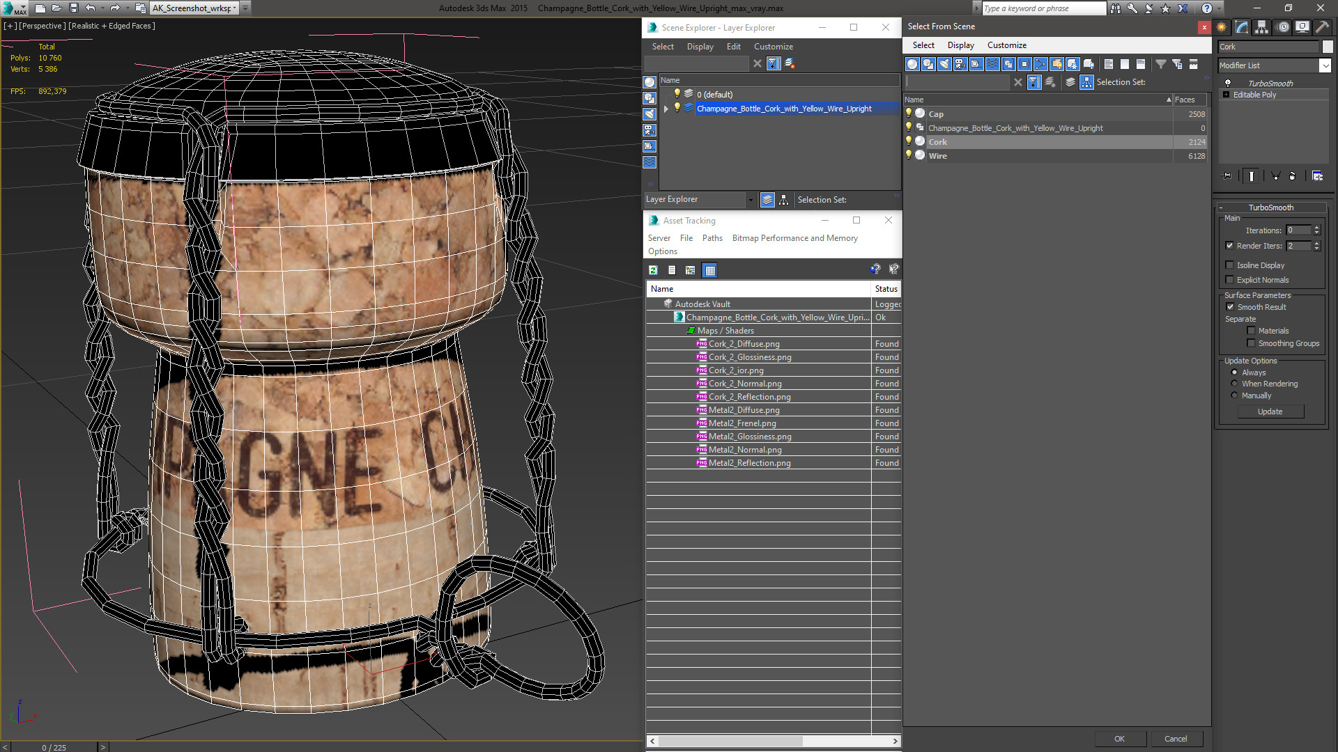 3D Champagne Bottle Cork with Yellow Wire Upright