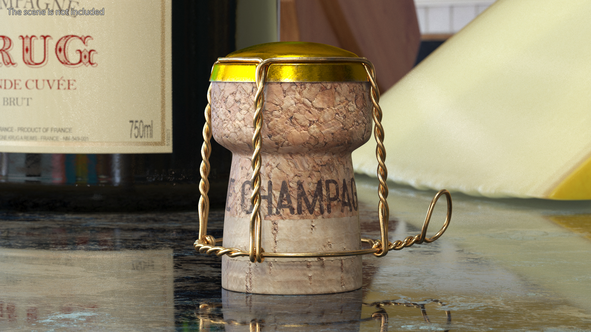 3D Champagne Bottle Cork with Yellow Wire Upright
