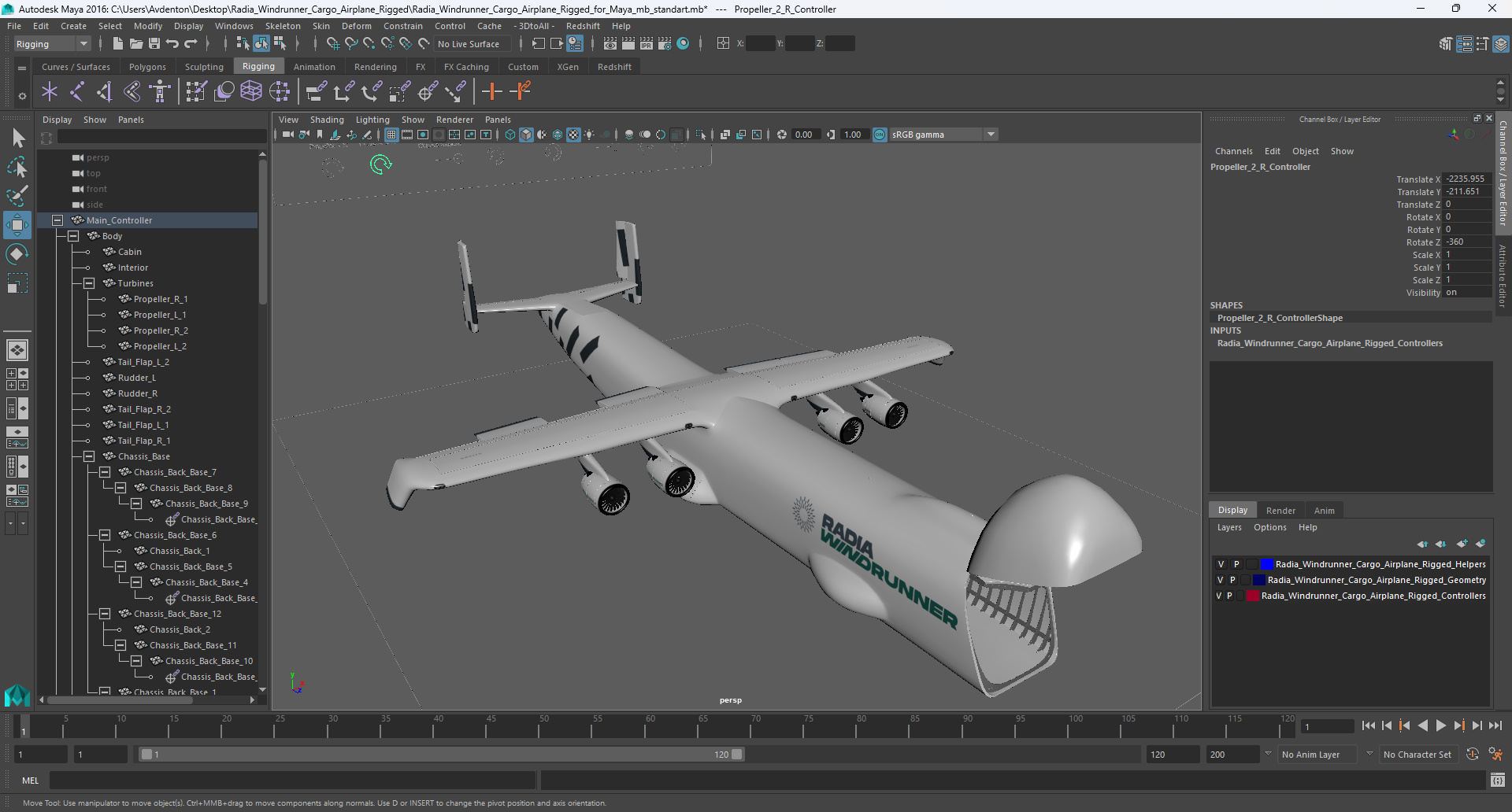 Radia Windrunner Cargo Airplane Rigged for Maya 3D