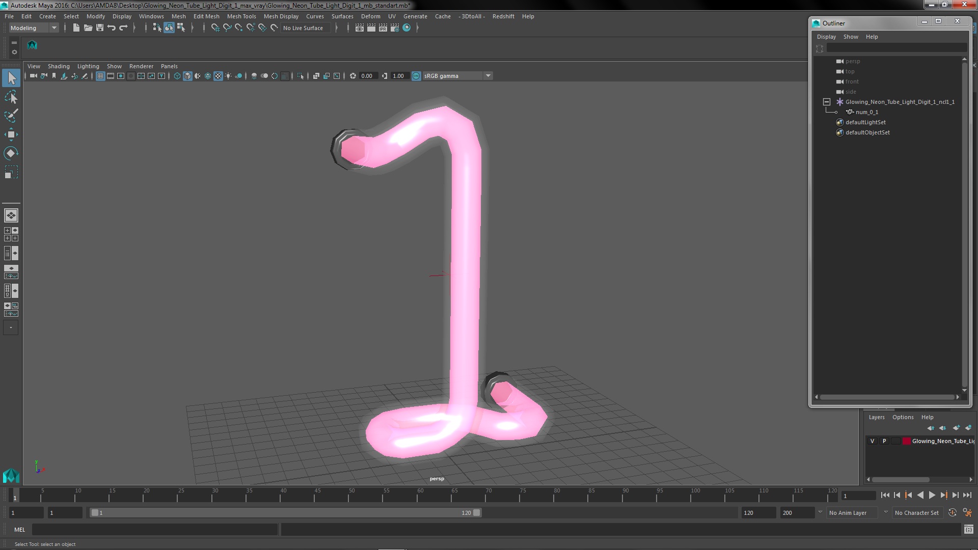 3D Glowing Neon Tube Light Digit 1
