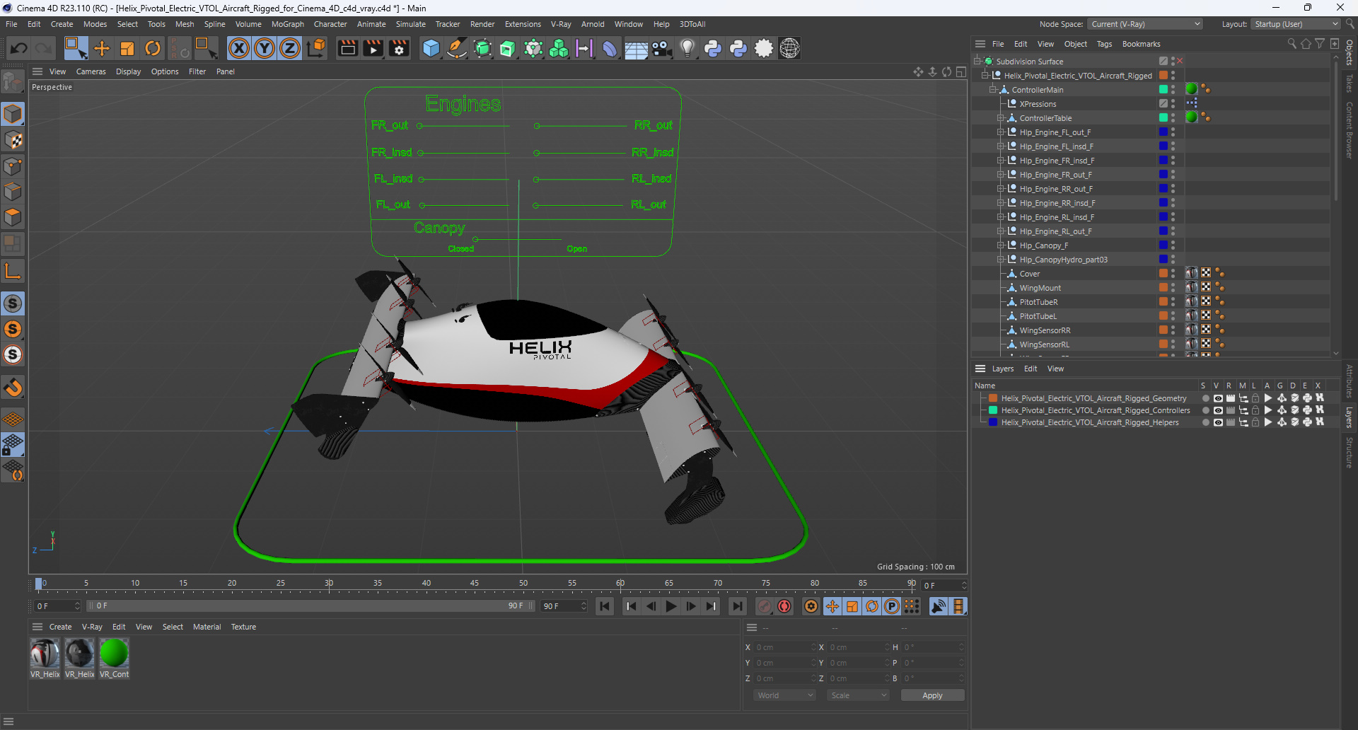 Helix Pivotal Electric VTOL Aircraft Rigged for Cinema 4D 3D