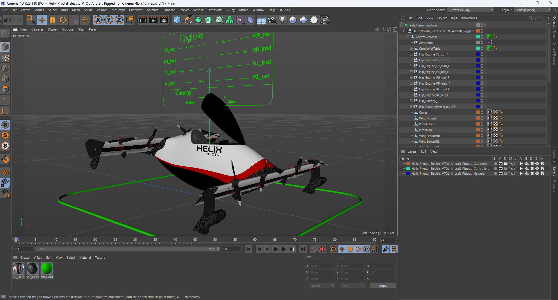 Helix Pivotal Electric VTOL Aircraft Rigged for Cinema 4D 3D