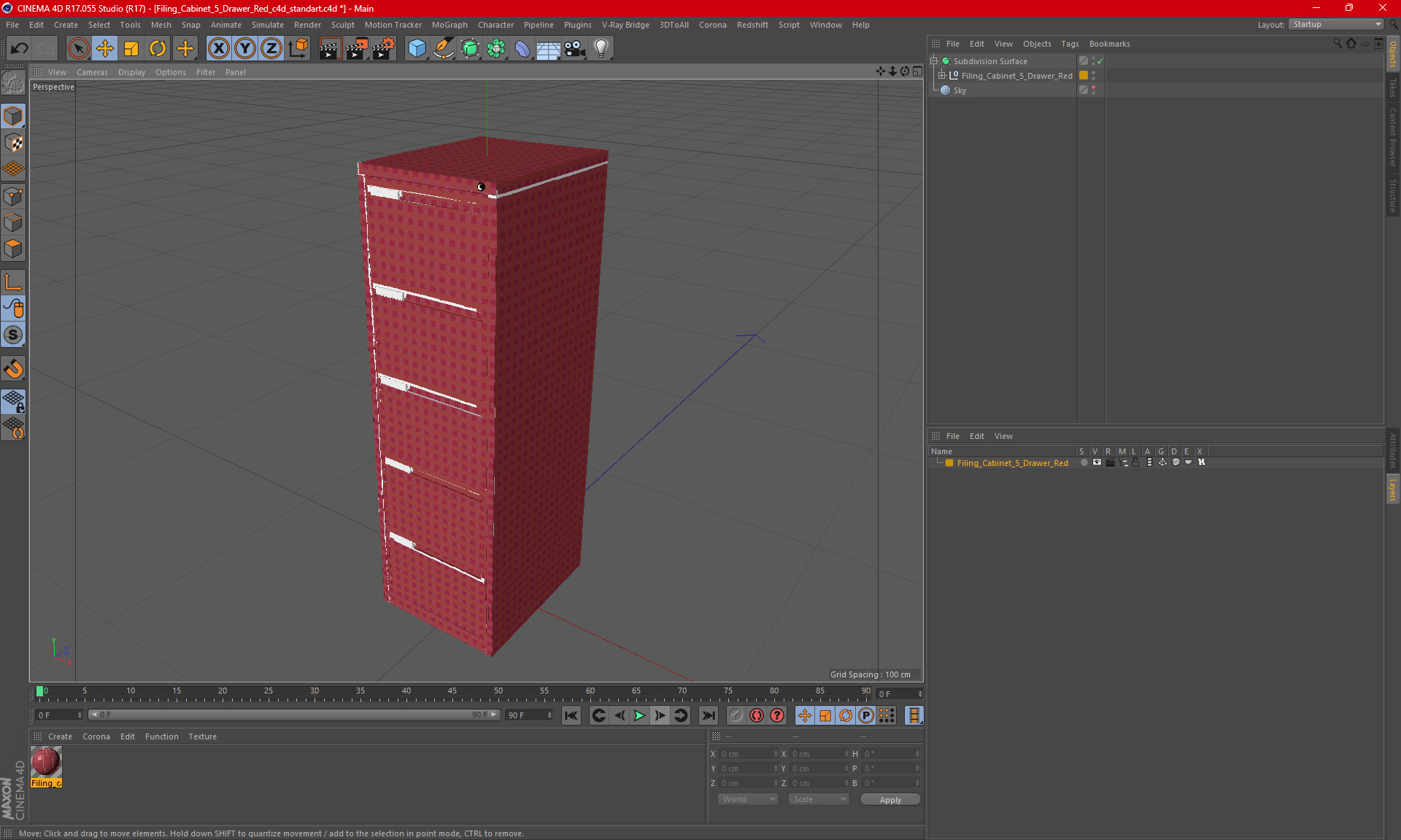 Filing Cabinet 5 Drawer Red 3D