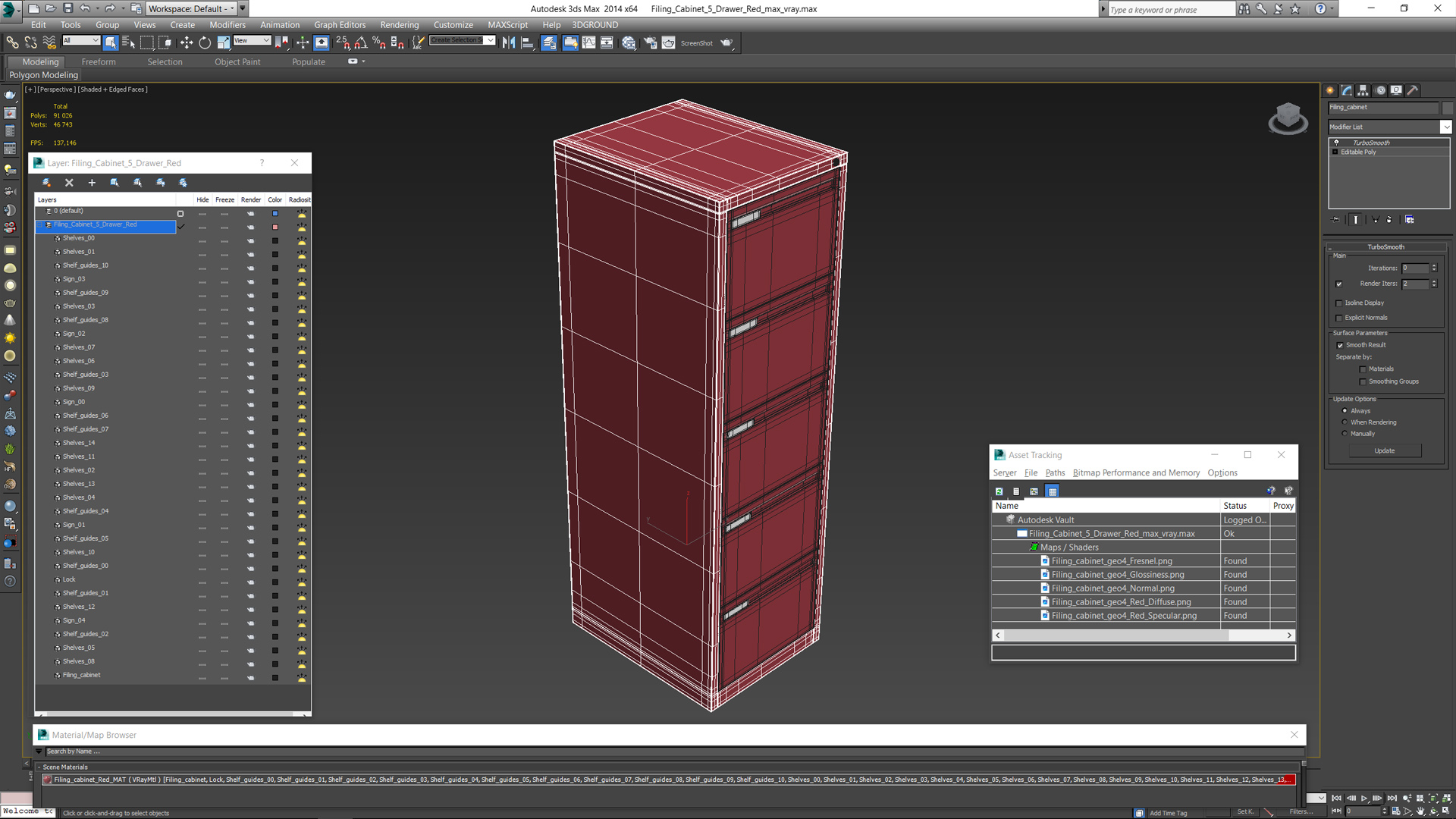 Filing Cabinet 5 Drawer Red 3D