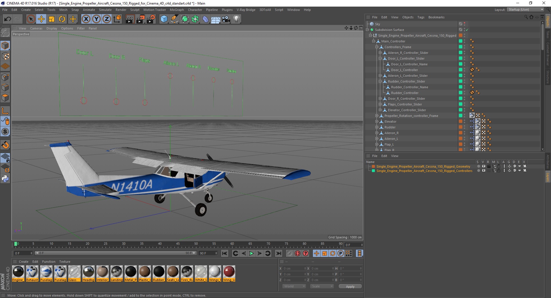 Single Engine Propeller Aircraft Cessna 150 Rigged for Cinema 4D 3D model