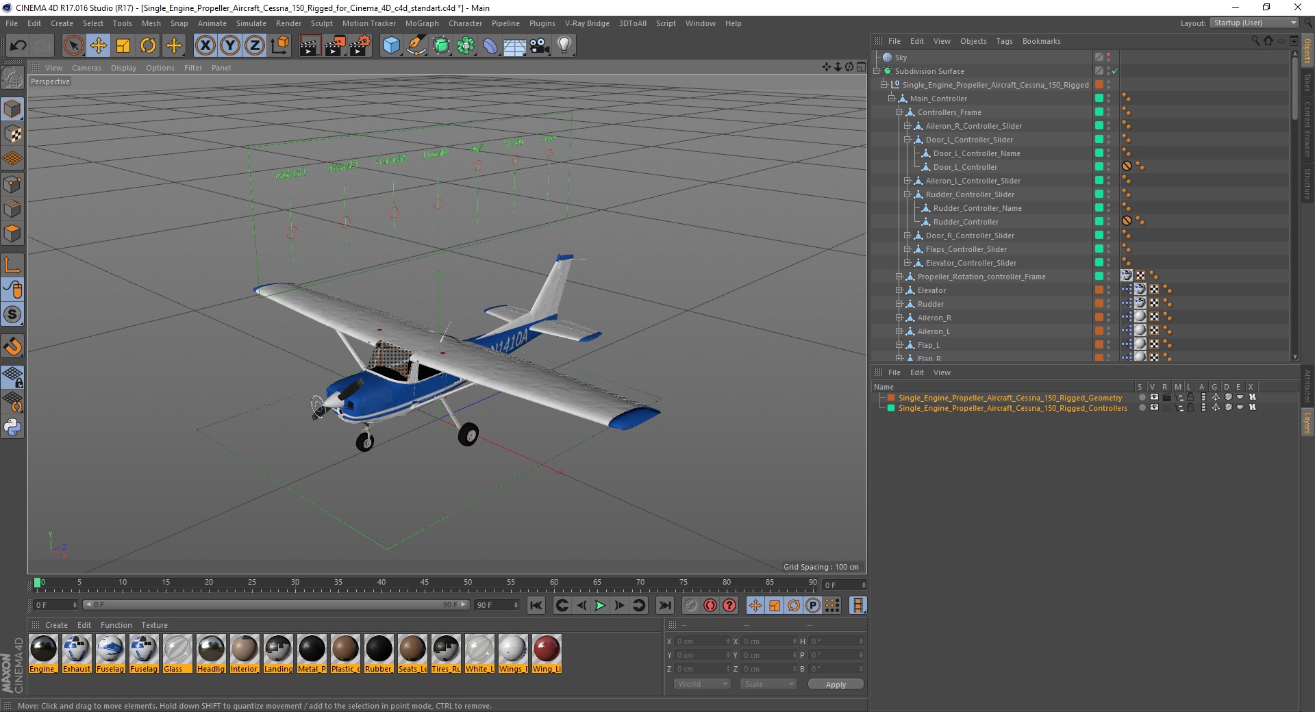 Single Engine Propeller Aircraft Cessna 150 Rigged for Cinema 4D 3D model