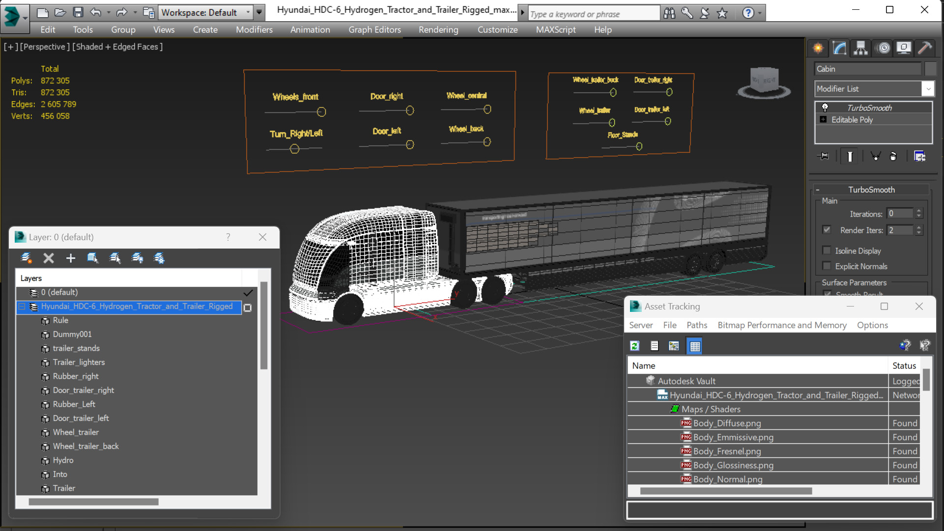 3D Hyundai HDC-6 Hydrogen Tractor and Trailer Rigged for Maya model