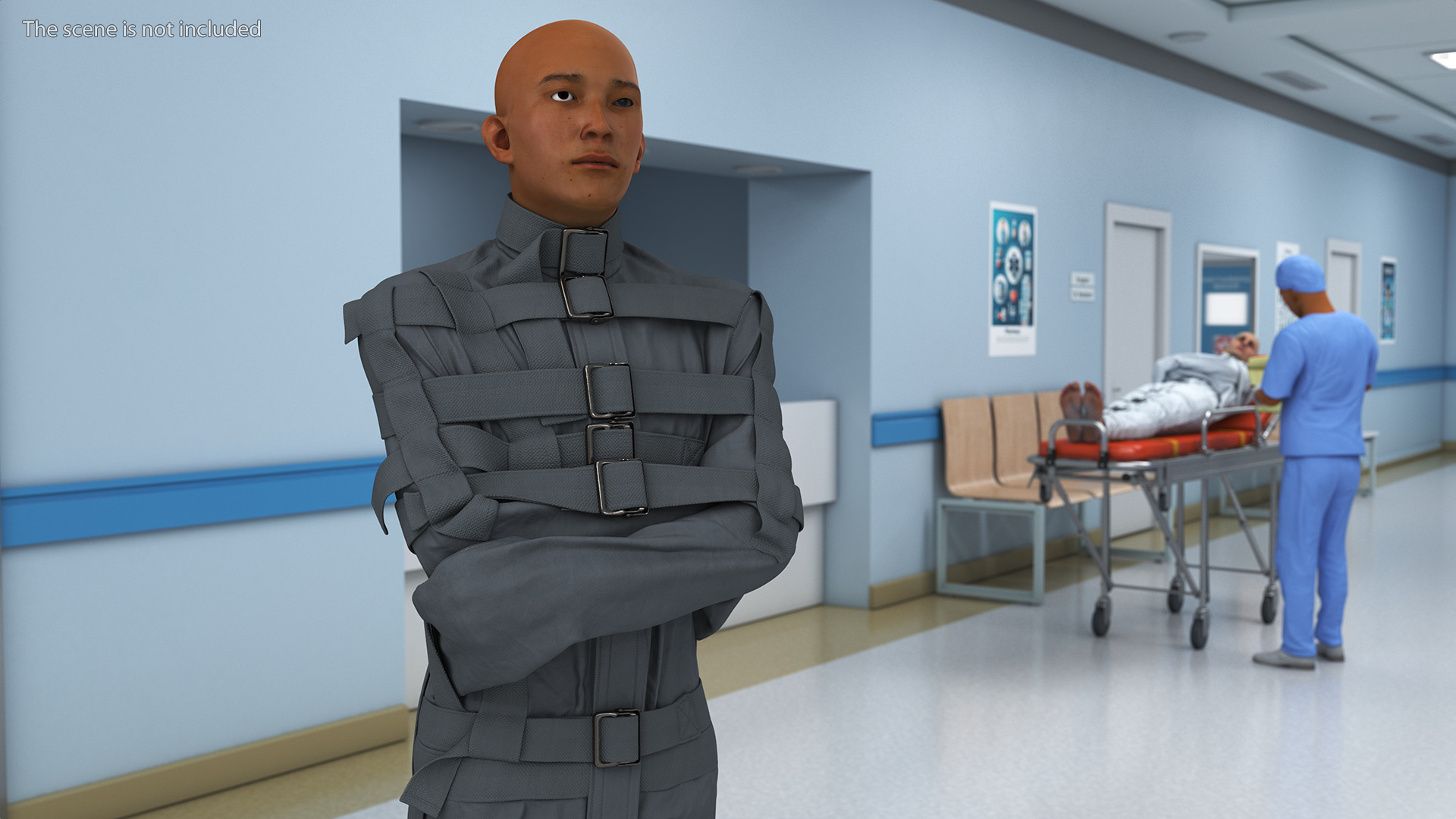 3D Asian Man Patient in Straitjacket model