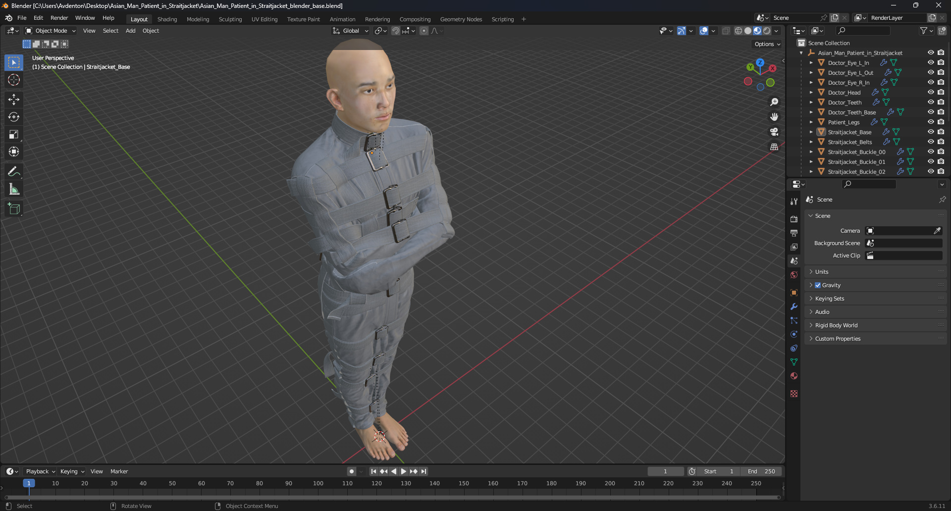 3D Asian Man Patient in Straitjacket model