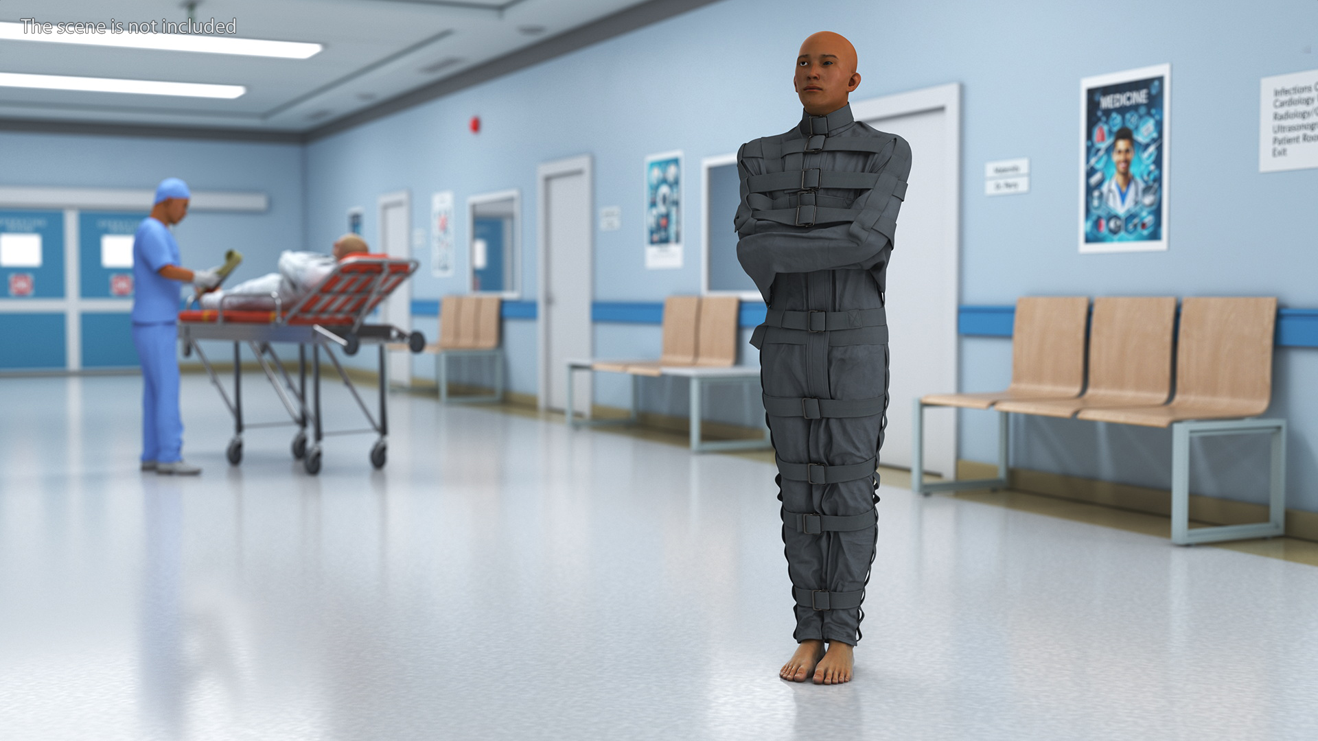3D Asian Man Patient in Straitjacket model
