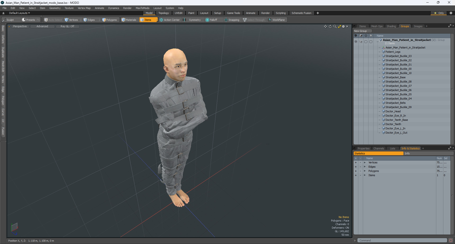 3D Asian Man Patient in Straitjacket model