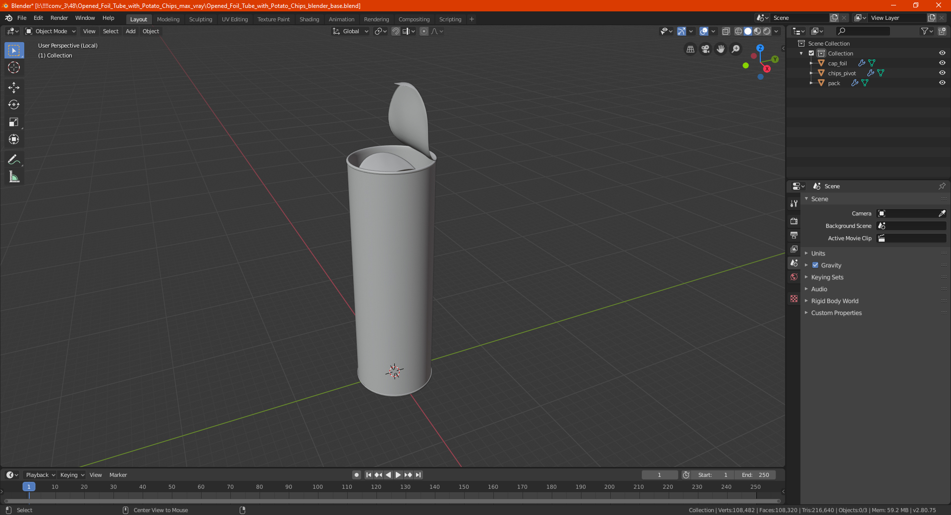 Opened Foil Tube with Potato Chips 3D model