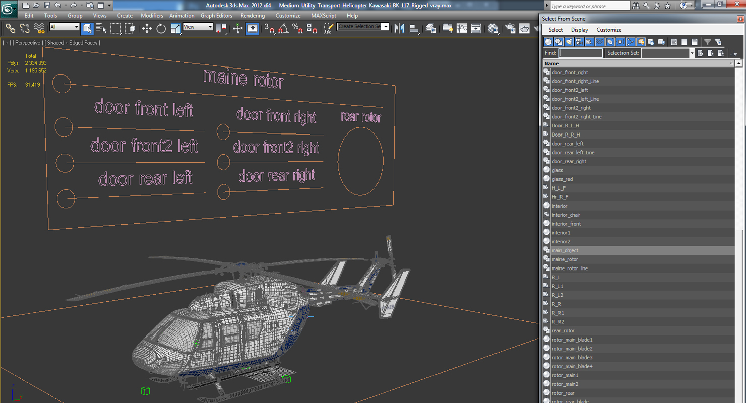 3D Medium Utility Transport Helicopter Kawasaki BK 117 Rigged model