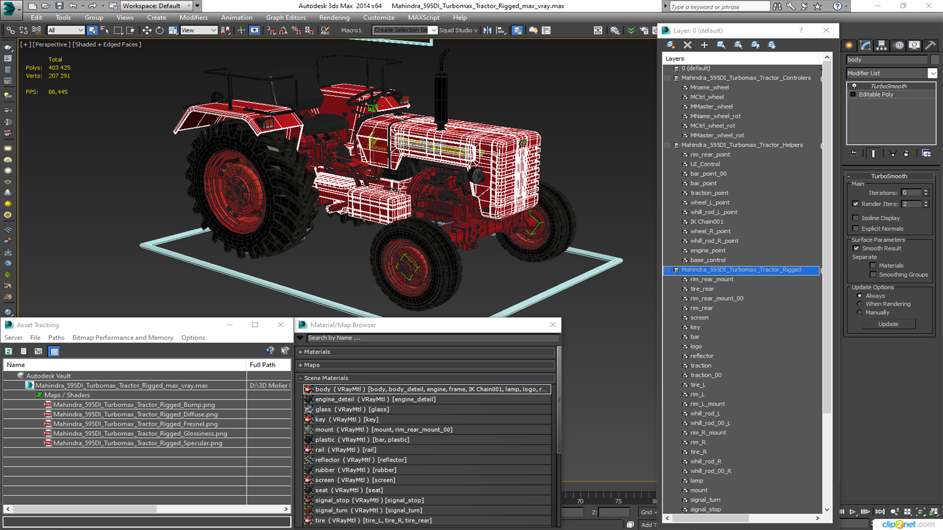 Mahindra 595DI Turbomax Tractor Rigged for Maya 3D