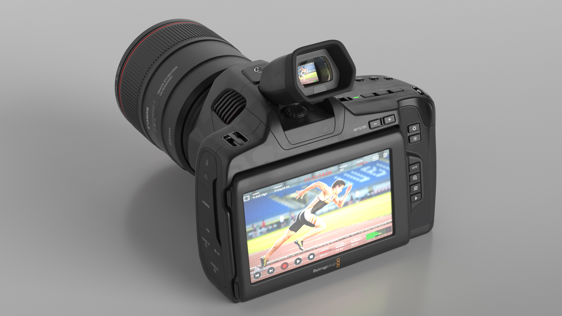 Cinema Camera Blackmagic Design 6K Pro Light On with Lens 3D
