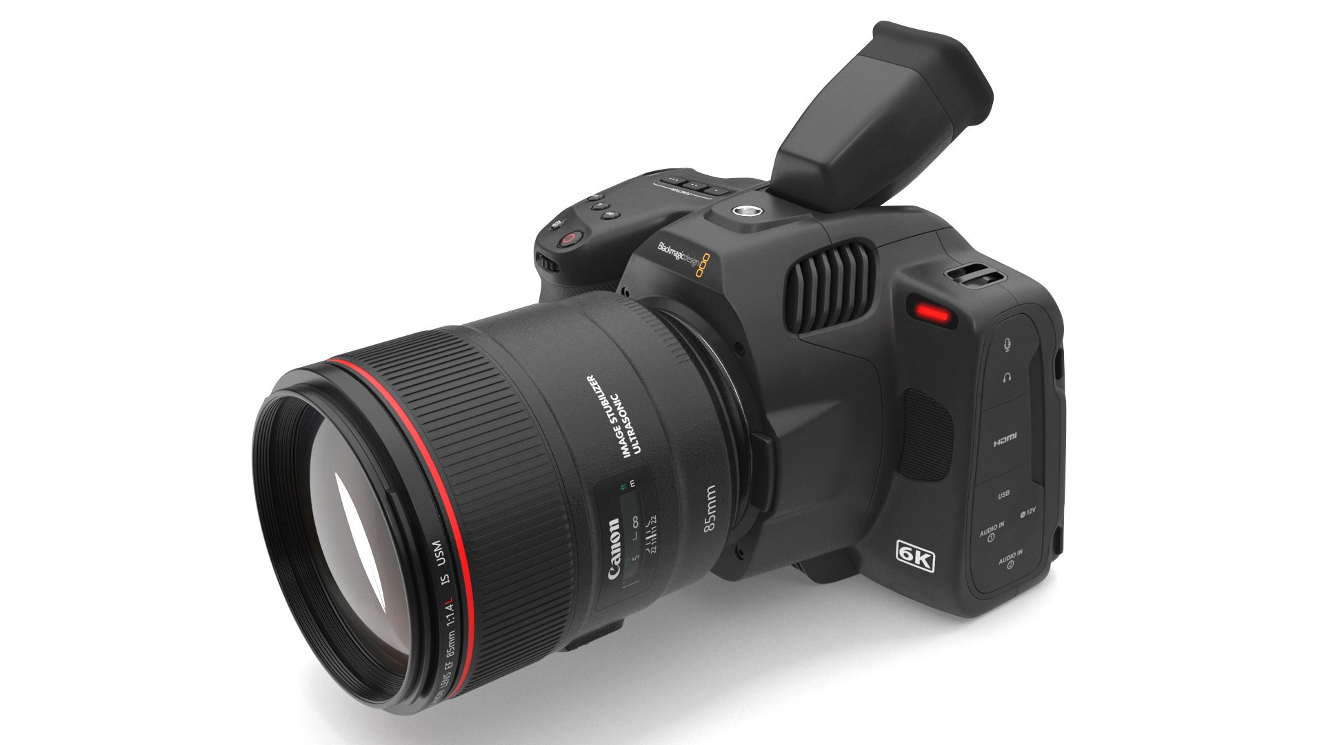 Cinema Camera Blackmagic Design 6K Pro Light On with Lens 3D