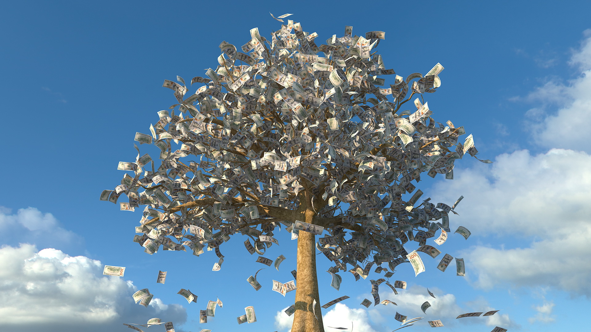 3D Falling Dollar Bills from Money Tree