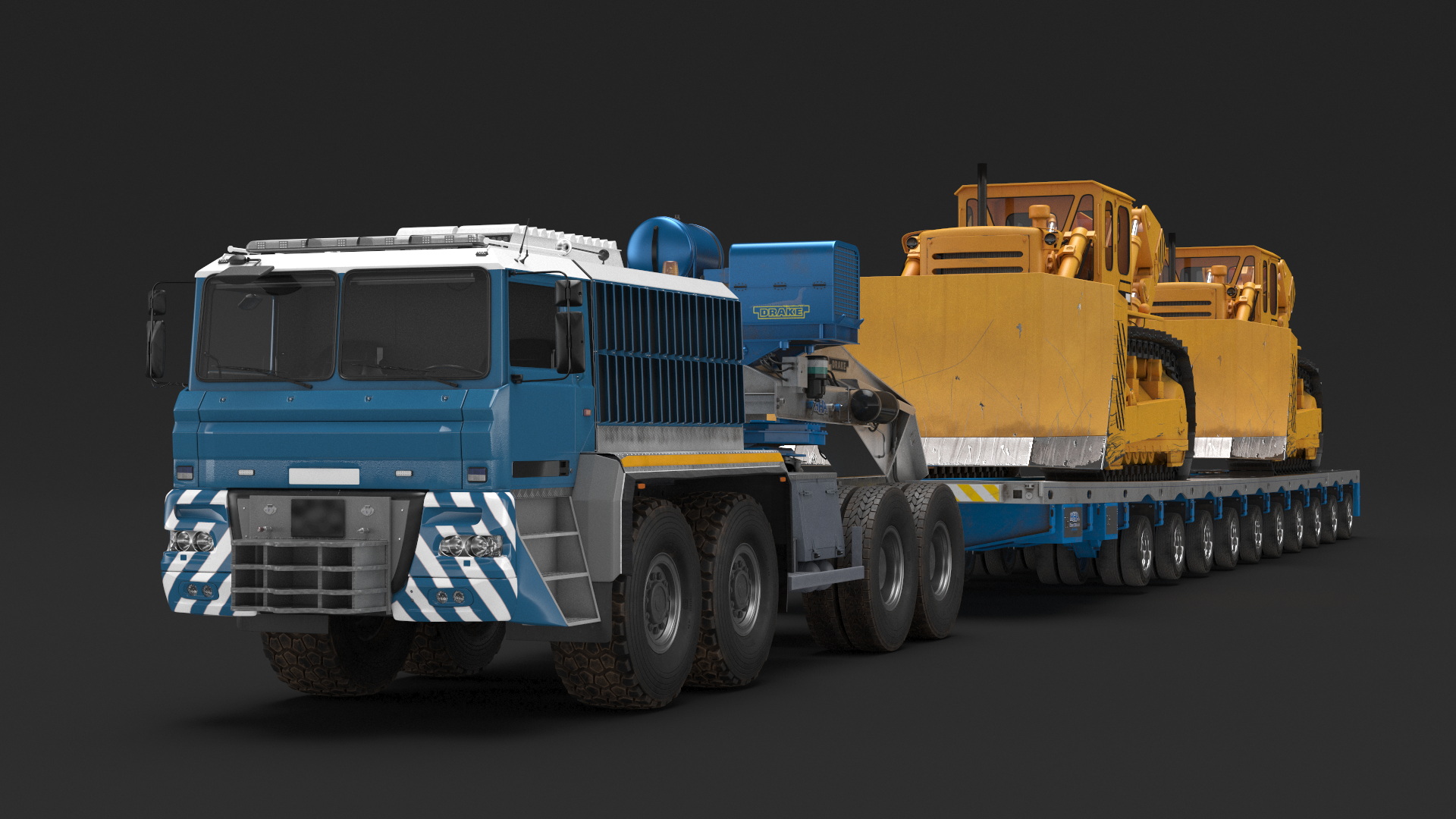 Powerful Duty Truck with Lowboy Trailer and Bulldozers 3D model