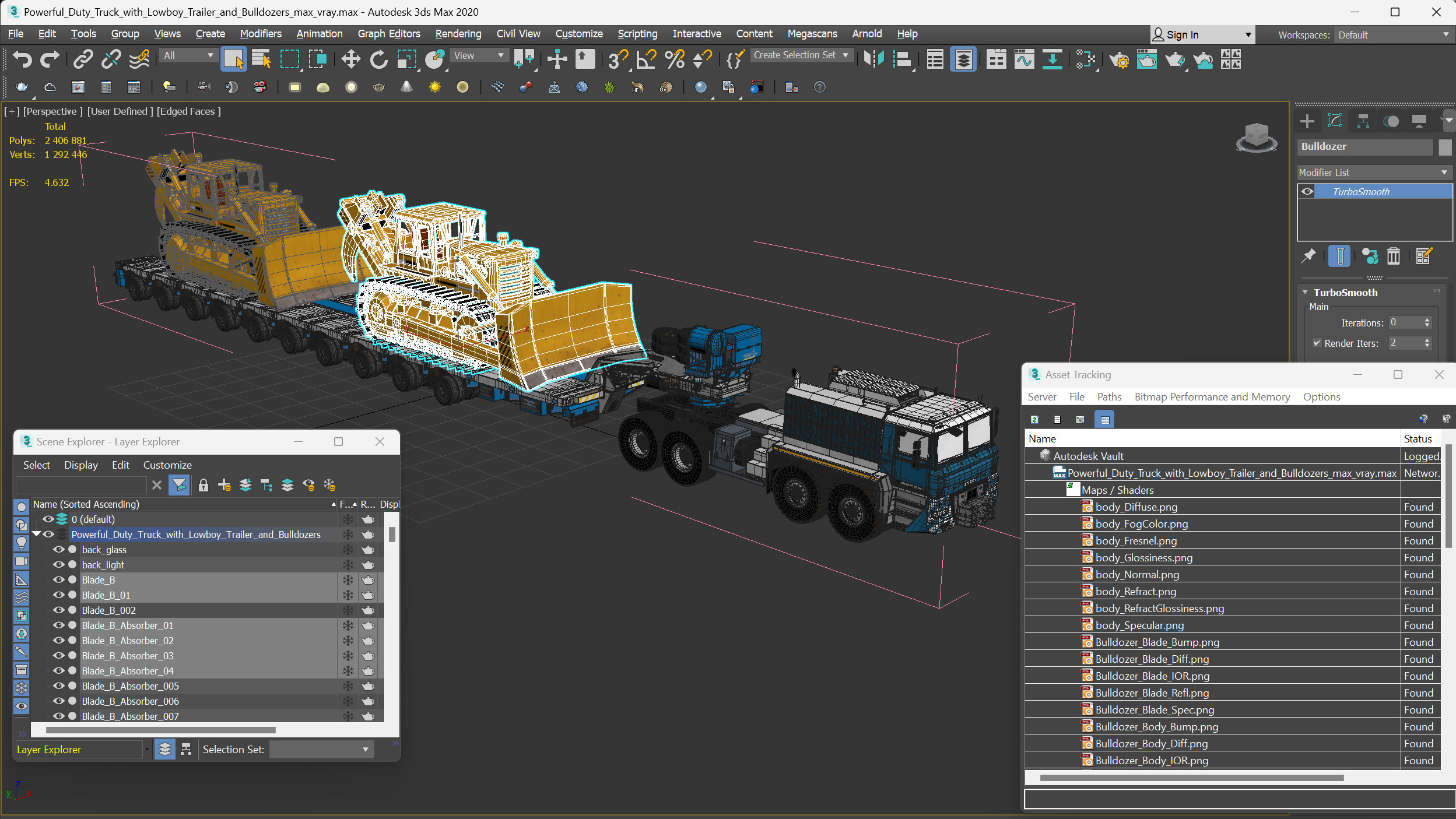 Powerful Duty Truck with Lowboy Trailer and Bulldozers 3D model