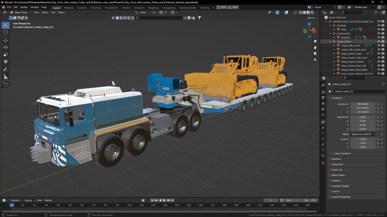 Powerful Duty Truck with Lowboy Trailer and Bulldozers 3D model