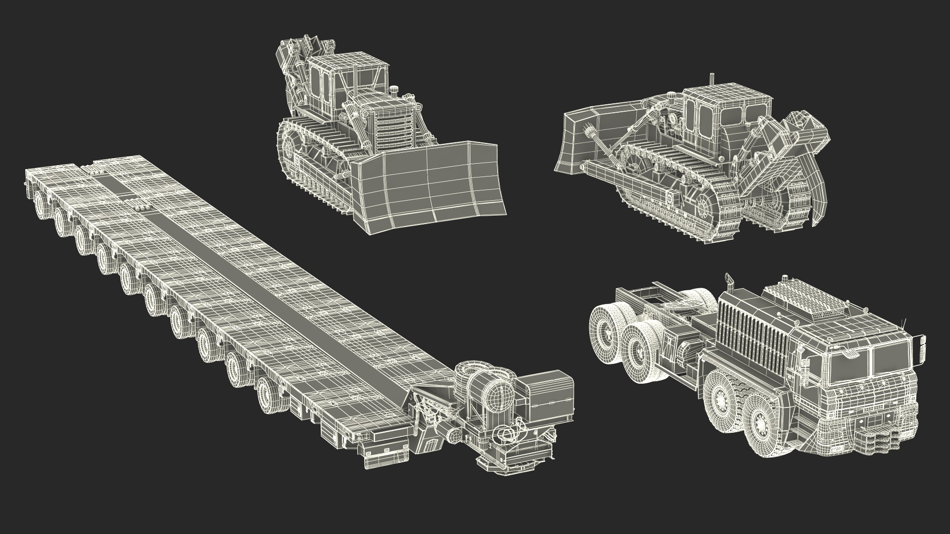 Powerful Duty Truck with Lowboy Trailer and Bulldozers 3D model