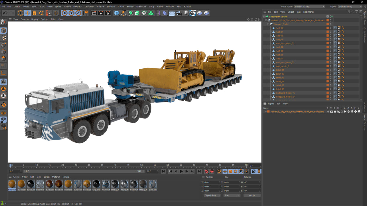Powerful Duty Truck with Lowboy Trailer and Bulldozers 3D model