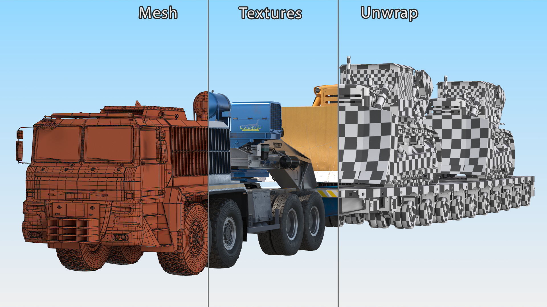 Powerful Duty Truck with Lowboy Trailer and Bulldozers 3D model