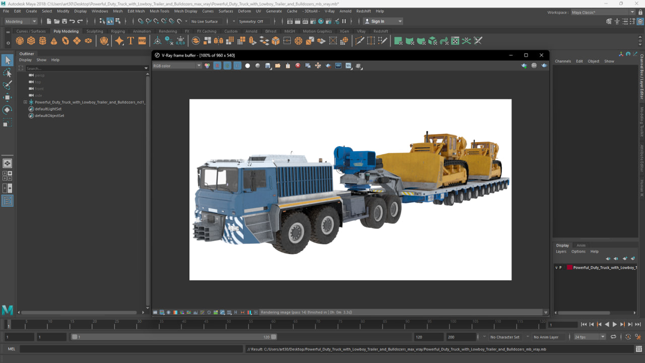 Powerful Duty Truck with Lowboy Trailer and Bulldozers 3D model