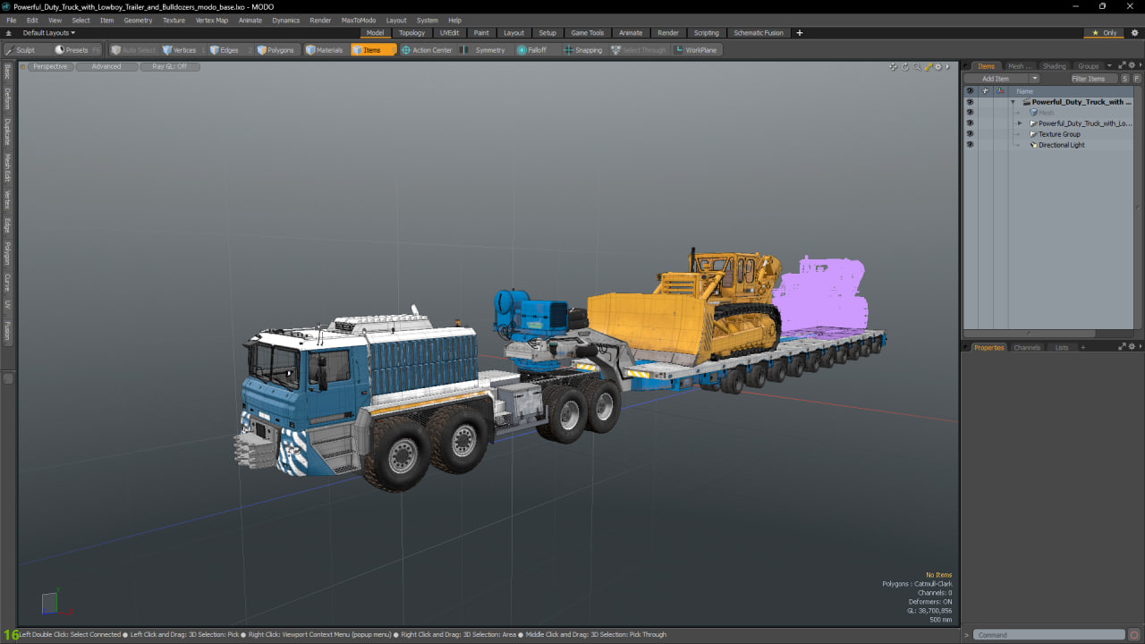 Powerful Duty Truck with Lowboy Trailer and Bulldozers 3D model