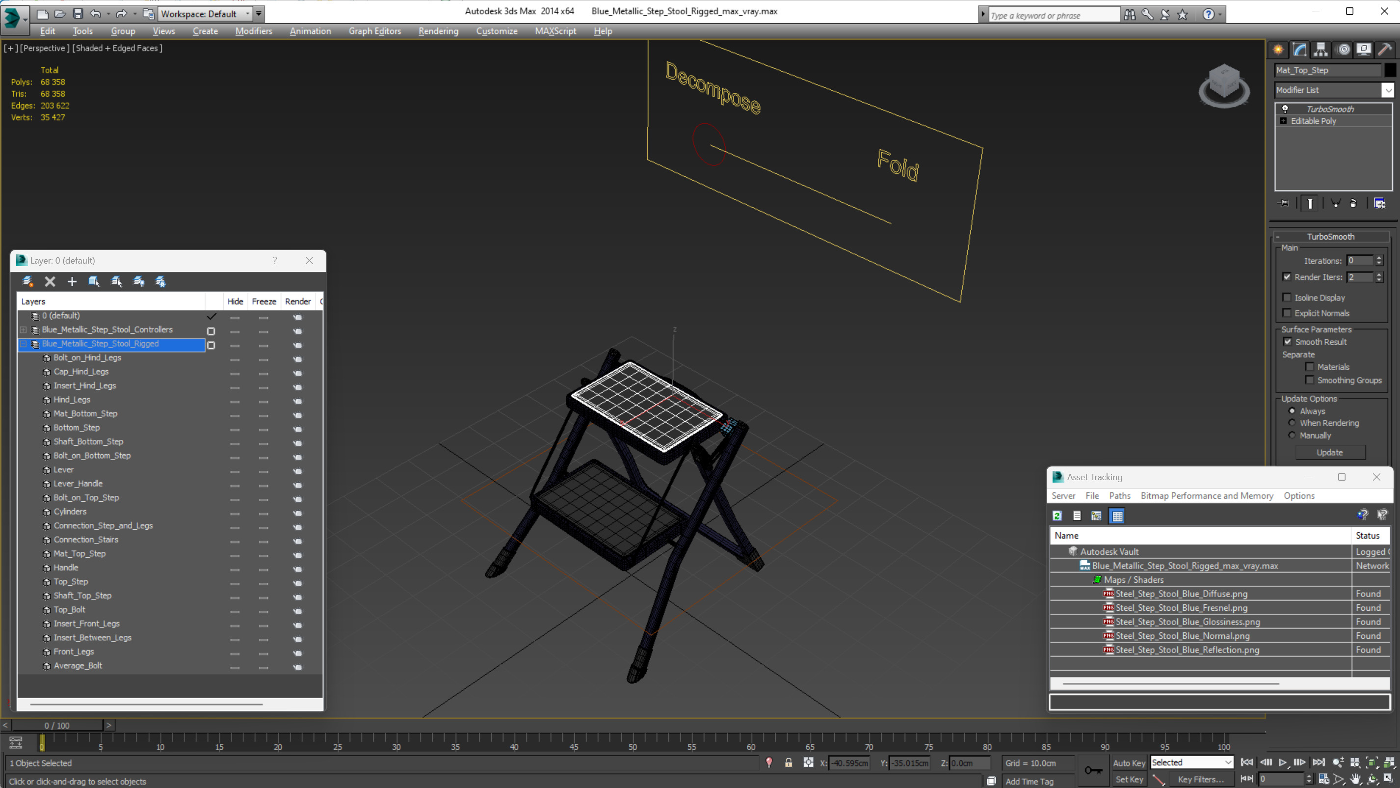 3D Blue Metallic Step Stool Rigged