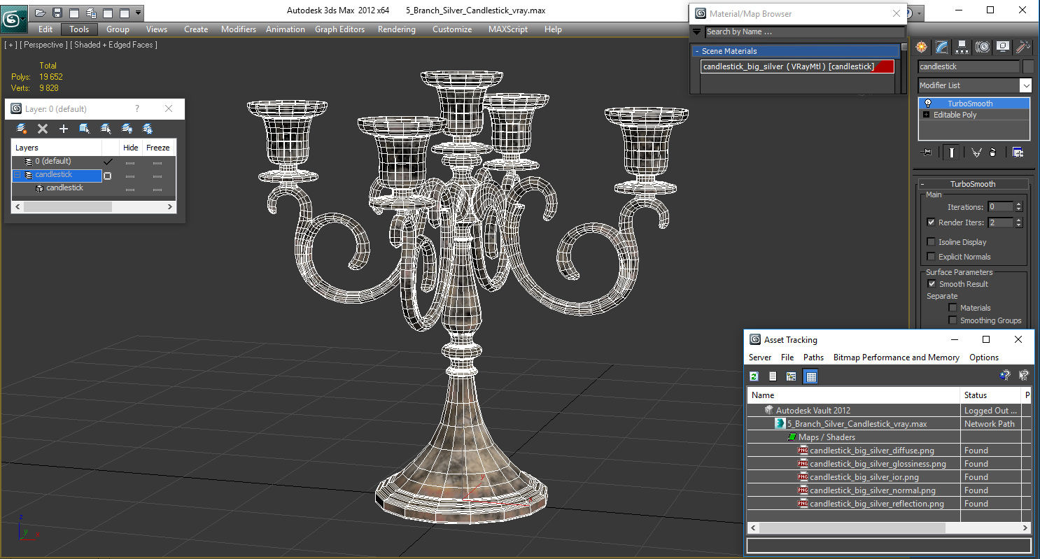 5 Branch Silver Candlestick 3D