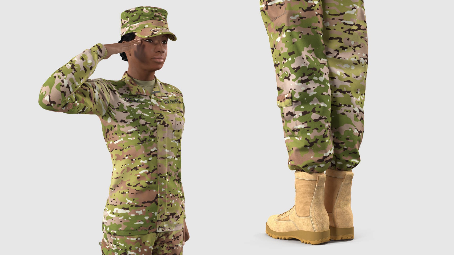 3D model Black Female Soldier Green Camouflage Saluting Pose Fur