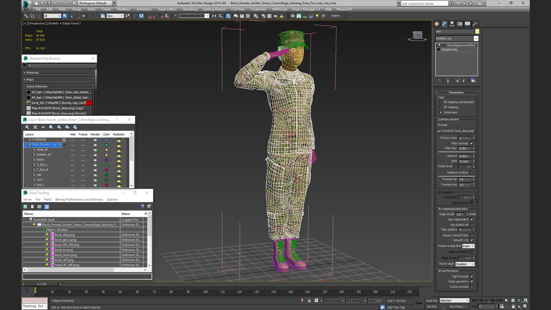 3D model Black Female Soldier Green Camouflage Saluting Pose Fur