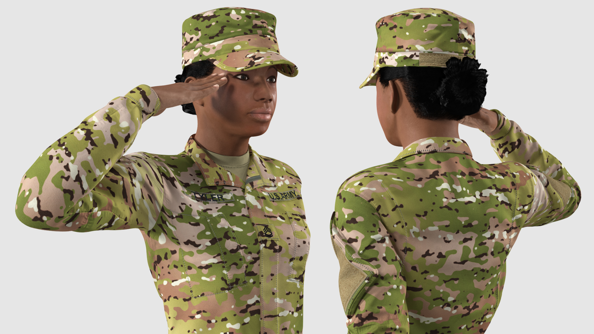 3D model Black Female Soldier Green Camouflage Saluting Pose Fur