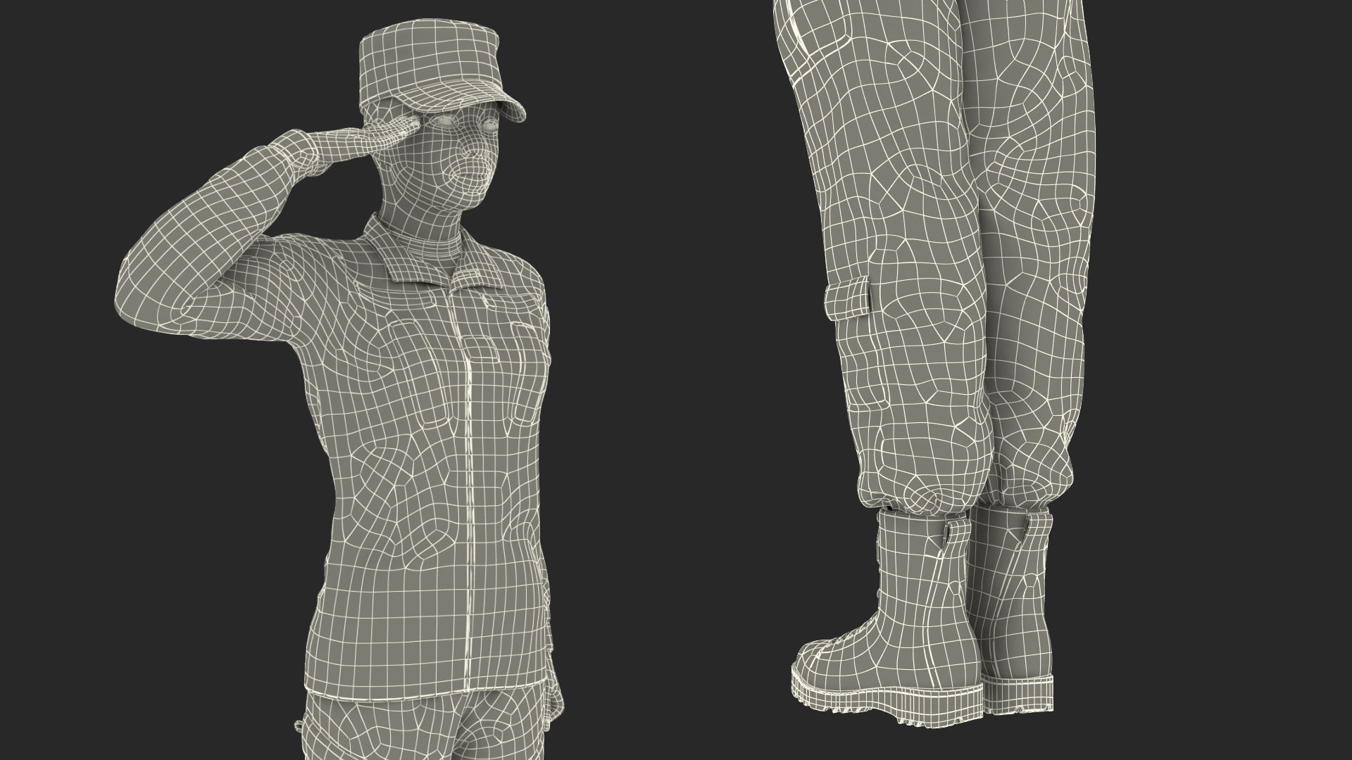 3D model Black Female Soldier Green Camouflage Saluting Pose Fur